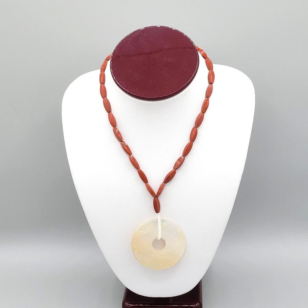 Womens Round Mother of Pearl Pendant Brown Beaded Necklace Toggle Clasp 16 in